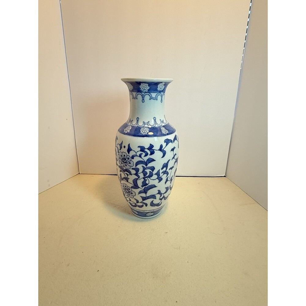 Blue White Porcelain Vase Floral Chinoiserie Made in China 12” Decor